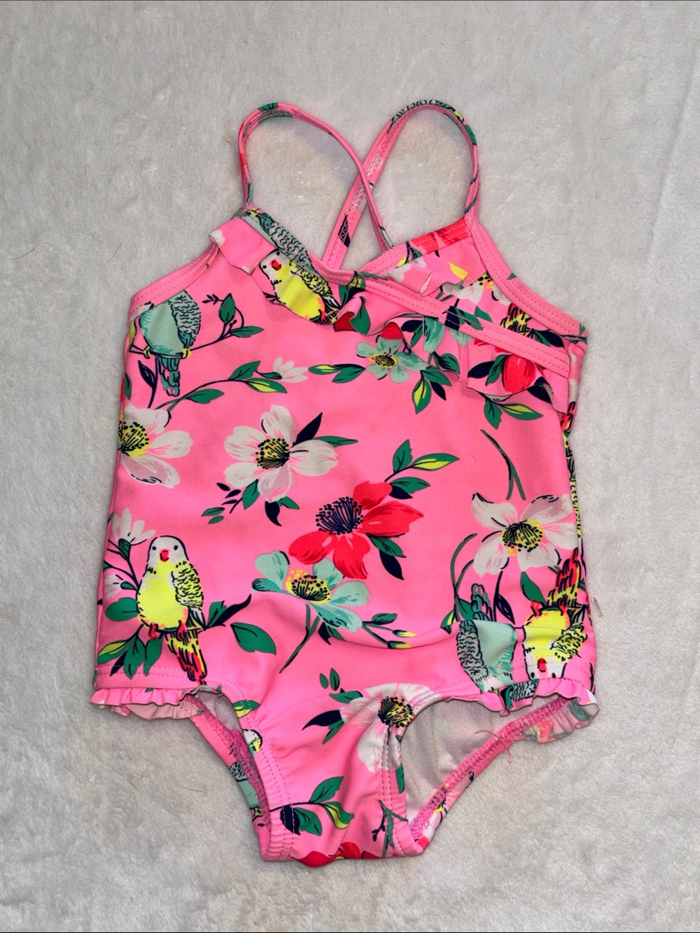 Carters Girls' 9 month Pink Floral & Parrot One-Piece Swimsuit - Kids Swim